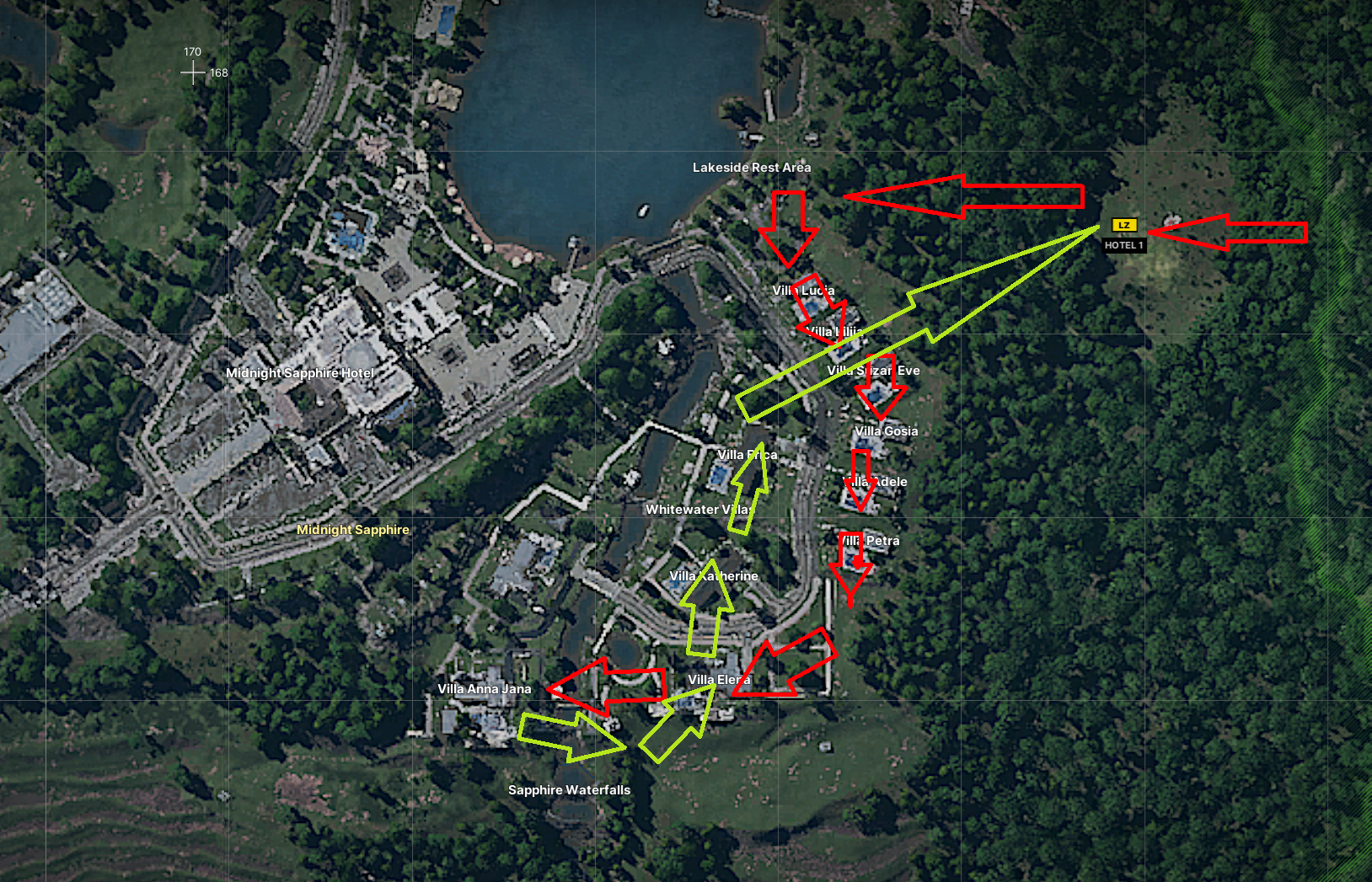 Villa Route satellite overlay. Red arrows are the inbound loot path, green arrows are the extract.